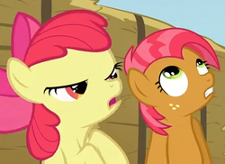 Size: 468x340 | Tagged: safe, screencap, apple bloom, babs seed, earth pony, pony, apple family reunion, g4, cousins, cropped, duo, female, filly