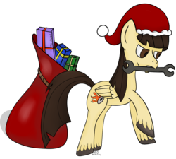 Size: 1300x1169 | Tagged: safe, artist:poniesinboxes, wild fire, pegasus, pony, g4, female, hat, looking down, present, rule 63, santa hat, simple background, solo, transparent background