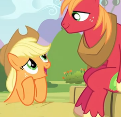 Size: 360x348 | Tagged: safe, screencap, applejack, big macintosh, earth pony, pony, apple family reunion, g4, brother and sister, cropped, duo, duo male and female, female, looking at each other, looking at someone, male, mare, sitting, stallion