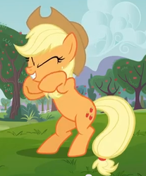 Size: 288x348 | Tagged: safe, screencap, applejack, earth pony, pony, apple family reunion, g4, bipedal, cropped, female, mare, reaction image, rearing, solo