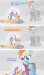 Size: 1280x2182 | Tagged: safe, artist:dtcx97, rainbow dash, scootaloo, post-crusade, g4, blizzard, clothes, snow, snowfall, sweater, tumblr
