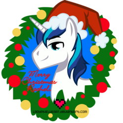 Size: 1280x1285 | Tagged: safe, shining armor, g4, bust, christmas, christmas wreath, hat, holiday, portrait, santa hat, side view, simple background, solo, transparent background, wreath
