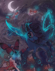 Size: 2550x3300 | Tagged: safe, artist:hinoraito, oc, oc only, butterfly, fish, flutter pony, color porn, flying, glowing, night, water