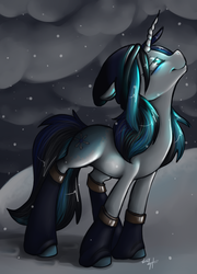 Size: 603x836 | Tagged: safe, artist:nessia, oc, oc only, oc:samui snow, pony, unicorn, female, looking up, mare, signature, snow, snowfall, solo, storm