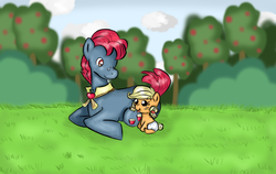 Size: 1113x702 | Tagged: safe, artist:chiuuchiuu, apple split, applejack, earth pony, pony, apple family reunion, g4, apple family member, baby, baby pony, babyjack, diaper, foal, male, stallion