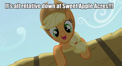 Size: 1200x650 | Tagged: safe, edit, edited screencap, screencap, applejack, pony, apple family reunion, g4, caption, female, image macro, implied incest, mare, meme, sweet apple acres