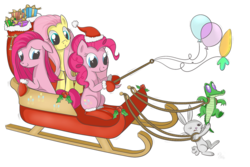 Size: 1500x1000 | Tagged: safe, artist:swanlullaby, angel bunny, fluttershy, gummy, pinkie pie, earth pony, pegasus, pony, g4, balloon, christmas, female, mare, pinkamena diane pie, present, simple background, sleigh, transparent background