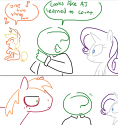 Size: 764x810 | Tagged: safe, artist:weaver, applejack, big macintosh, rarity, oc, oc:anon, earth pony, human, pony, unicorn, g4, colored lineart, comic, horn, horses doing horse things, male, raise this barn, singing, snorting, speech bubble, stallion, this will end in pain, this will not end well, weaver you magnificent bastard