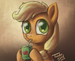 Size: 1841x1503 | Tagged: safe, artist:turbosolid, applejack, earth pony, pony, g4, cute, female, filly, filly applejack, freckles, jackabetes, juice box, solo, younger