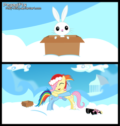 Size: 1500x1575 | Tagged: safe, artist:foxy-noxy, angel bunny, fluttershy, rainbow dash, g4, comic, filly, hat, heartwarming, hug, santa hat, sunglasses