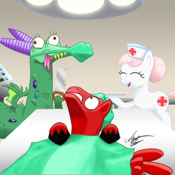 Size: 2000x2000 | Tagged: safe, artist:stewi0001, crackle, nurse redheart, oc, dragon, g4, surgery