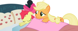 Size: 6048x2466 | Tagged: safe, artist:sunran80, apple bloom, applejack, earth pony, pony, apple family reunion, g4, my little pony: friendship is magic, bed, butt touch, eyes closed, female, filly, hoof on butt, mare, pillow, simple background, transparent background, vector