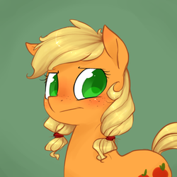 Size: 600x600 | Tagged: safe, artist:xarakayx, applejack, pony, g4, :t, alternate hairstyle, blushing, braid, cute, freckles, jackabetes, looking at you, pigtails, solo, younger