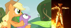 Size: 2655x1073 | Tagged: safe, applejack, spike, pony, apple family reunion, g4, burning man, photo, pyrojack