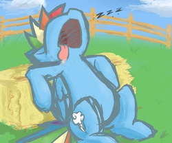 Size: 1200x1000 | Tagged: safe, artist:nolycs, rainbow dash, pegasus, pony, g4, drool, fence, hay bale, male, nose in the air, open mouth, rainbow blitz, rule 63, sleeping, snoring, solo, stallion, tongue out, zzz