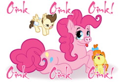 Size: 900x600 | Tagged: safe, artist:thegrumpyturtle, pinkie pie, pound cake, pumpkin cake, pig, baby cakes, g4, my little pony: friendship is magic, animal, clothes, costume, oink oink oink, one word, piggie pie, scene interpretation, simple background, transparent background