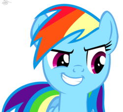 Size: 2468x2244 | Tagged: safe, artist:justbronym, rainbow dash, pegasus, pony, g4, evil smile, female, grin, high res, mare, signature, simple background, smiling, solo, transparent background