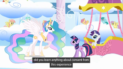 Size: 637x359 | Tagged: safe, screencap, dewdrop dazzle, dizzy twister, high spirits, lyra heartstrings, orange swirl, parasol, princess celestia, rarity, spring melody, sprinkle medley, starburst (g4), twilight sparkle, alicorn, pegasus, pony, unicorn, princess molestia, g4, my little pony: friendship is magic, sonic rainboom (episode), background pony, cute, hot air balloon, leaning, lidded eyes, looking up, open mouth, raised hoof, size difference, smiling, spread wings, text, twinkling balloon, unicorn twilight, wings, youtube caption