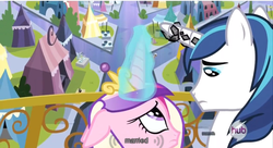 Size: 640x347 | Tagged: safe, screencap, princess cadance, shining armor, g4, my little pony: friendship is magic, the crystal empire, captain obvious, glowing horn, horn, horn crystals, hub logo, youtube caption