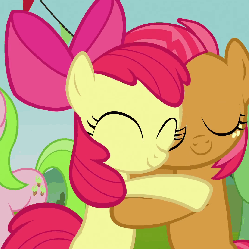 Size: 1080x1080 | Tagged: safe, screencap, apple bloom, babs seed, earth pony, pony, apple family reunion, g4, adorababs, adorabloom, animated, cousins, cuddling, cute, female, hug