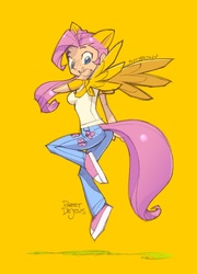 Size: 649x900 | Tagged: safe, artist:banzchan, fluttershy, human, g4, anime, eared humanization, female, humanized, simple background, solo, tailed humanization, winged humanization