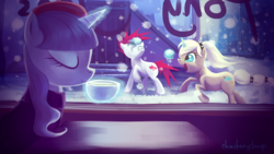 Size: 1920x1080 | Tagged: dead source, safe, artist:chimicherrychonga, rarity, oc, g4, beatnik rarity, beret, cafe, clothes, coffee, cutie mark, diner, drink, game shark, hat, magic, snow, snowball, snowball fight, snowfall, space invaders, taito