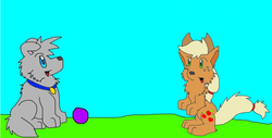 Size: 946x482 | Tagged: artist needed, safe, applejack, dog, g4, ball, puppy