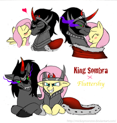 Size: 952x1000 | Tagged: safe, artist:mickeymonster, fluttershy, king sombra, pegasus, pony, unicorn, g4, crack shipping, duo, evil smile, female, grin, kissing, male, mare, ship:sombrashy, shipping, simple background, smiling, sombra eyes, stallion, straight, white background