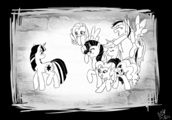 Size: 1400x975 | Tagged: safe, artist:kudalyn, applejack, fluttershy, pinkie pie, rainbow dash, rarity, twilight sparkle, earth pony, pegasus, pony, unicorn, g4, female, grayscale, mane six, mare, monochrome, unicorn twilight