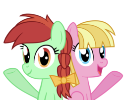 Size: 620x500 | Tagged: safe, artist:smile, candy apples, meadow flower, earth pony, pegasus, pony, g4, apple family member, duo, duo female, female, mare, simple background, transparent background