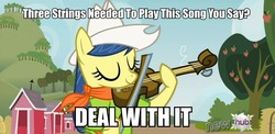 Size: 960x467 | Tagged: safe, edit, edited screencap, screencap, fiddlesticks, earth pony, pony, apple family reunion, g4, apple family member, background pony, eyes closed, female, fiddle, hat, hub logo, image macro, mare, musical instrument, neckerchief, solo, text