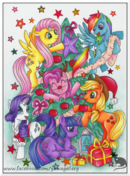 Size: 575x778 | Tagged: safe, artist:yawannka, applejack, fluttershy, pinkie pie, rainbow dash, rarity, twilight sparkle, reindeer, g4, christmas tree, hat, mane six, present, santa hat, tree