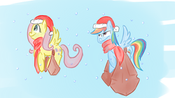 Size: 680x380 | Tagged: safe, artist:martinhello, fluttershy, rainbow dash, g4, clothes, hat, santa hat, scarf