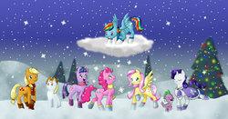 Size: 1024x535 | Tagged: safe, artist:pegasisters82, applejack, fluttershy, pinkie pie, rainbow dash, rarity, spike, twilight sparkle, g4, boots, cape, christmas tree, clothes, mane seven, mane six, scarf, snow, snowfall, snowpony, tree