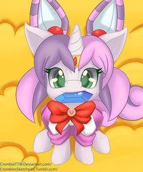 Size: 2000x2400 | Tagged: safe, artist:crombiettw, sweetie belle, rhythm is magic, g4, chibi moon, chibiusa, clothes, colored pupils, costume, crossover, cute, diasweetes, parody, rini tsukino, sailor chibi moon, sailor moon (series)