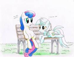 Size: 3229x2479 | Tagged: safe, artist:awengrocks, bon bon, lyra heartstrings, sweetie drops, g4, bench, duo, role reversal, sitting, sitting lyra, traditional art