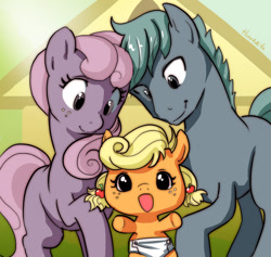 Size: 1000x947 | Tagged: safe, artist:hinoraito, applejack, g4, applejack's parents, babyjack, blank flank, parent, young, younger