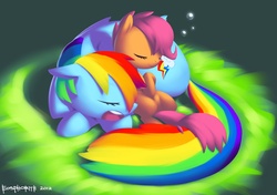 Size: 1540x1084 | Tagged: safe, artist:eosphorite, rainbow dash, scootaloo, pegasus, pony, g4, cute, cutealoo, duo, duo female, female, grass, scootalove, sleeping