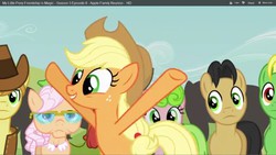 Size: 1920x1080 | Tagged: dead source, safe, screencap, braeburn, earth pony, pony, apple family reunion, g4, bipedal, freckles, glasses, hat, male, raise this barn, stallion, unamused, youtube link
