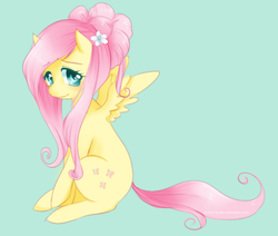 Size: 706x600 | Tagged: safe, artist:cyahna, fluttershy, pony, g4, alternate hairstyle, blushing, female, flower in hair, looking at you, sitting, solo, spread wings