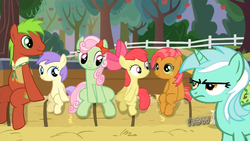 Size: 1224x690 | Tagged: safe, edit, edited screencap, screencap, alula, apple bloom, apple cinnamon, babs seed, florina tart, lyra heartstrings, pluto, earth pony, pony, unicorn, apple family reunion, g4, my little pony: friendship is magic, apple family member, background pony, female, filly, lyra is not amused, male, mare, sitting, stallion, unamused