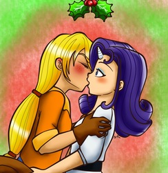 Size: 1746x1791 | Tagged: safe, artist:shiko-k, applejack, rarity, human, g4, duo, female, holly, holly mistaken for mistletoe, horn, horned humanization, humanized, kiss on the lips, kissing, lesbian, ship:rarijack, shipping