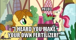 Size: 420x224 | Tagged: safe, mandopony, roseluck, earth pony, pony, picture perfect pony, g4, butt, caption, female, fertilizer, funny, image macro, implied pooping, male, mare, plot, rosebutt, stallion, tactless mandopony, text, this didn't age well