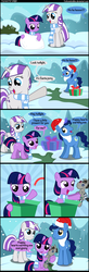 Size: 1000x3040 | Tagged: safe, artist:coltsteelstallion, night light, smarty pants, twilight sparkle, twilight velvet, g4, beard, clothes, comic, female, filly, filly twilight sparkle, hat, male, mare, santa hat, scarf, snow, snowfall, stallion, tower of pimps, younger