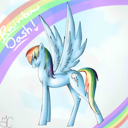 Size: 2050x2050 | Tagged: safe, artist:shimmerpop, rainbow dash, pony, g4, female, mare, rainbow, side view, signature, simple background, solo, standing