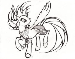 Size: 3351x2648 | Tagged: safe, artist:aqnichols, rainbow dash, g4, lineart, monochrome, simple background, solo, spread wings, white background, wings