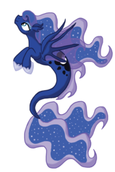 Size: 1566x2337 | Tagged: safe, artist:inkrose98, princess luna, merpony, g4, blue mane, colored pupils, ethereal mane, female, fish tail, hoof shoes, horn, seaponified, seapony luna, simple background, smiling, solo, species swap, starry mane, tail, transparent background, wings