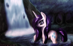 Size: 900x570 | Tagged: safe, artist:macalaniaa, rarity, pony, g4, female, solo, waterfall, wet, wet mane, wet mane rarity