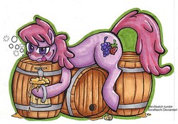 Size: 800x557 | Tagged: safe, artist:soranachi, berry punch, berryshine, earth pony, pony, g4, alcohol, barrel, beer, blushing, drunk, female, mare, simple background, that pony sure does love alcohol, tongue out, white background