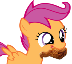 Size: 948x842 | Tagged: safe, artist:lapisrabbitcomics, scootaloo, chicken, pegasus, pony, g4, cannibalism joke, chicken meat, female, filly, foal, food, fried chicken, meat, mouth hold, scootachicken, simple background, solo, transparent background